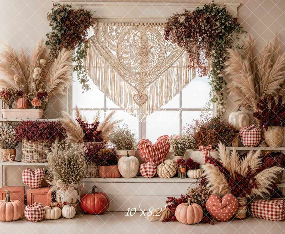 Kate Autumn Boho Pumpkins Macrame Window Fleece Backdrop Designed by Emetselch -UK