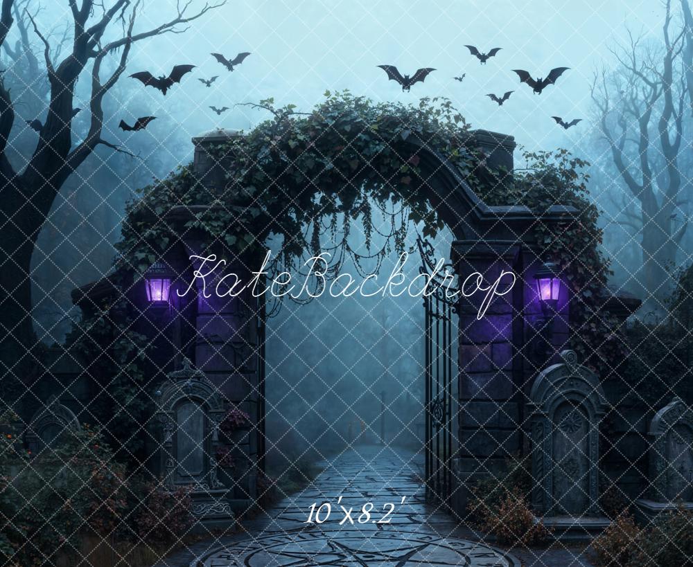 Kate Halloween Cemetery Arch Gate Bats Backdrop Designed by Emetselch