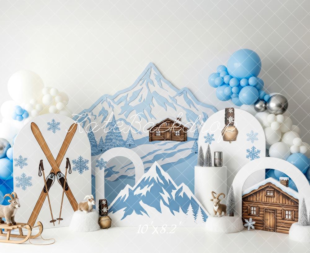 Kate Winter Mountain Cabin Skis Snowflakes Backdrop Designed by Patty Robert