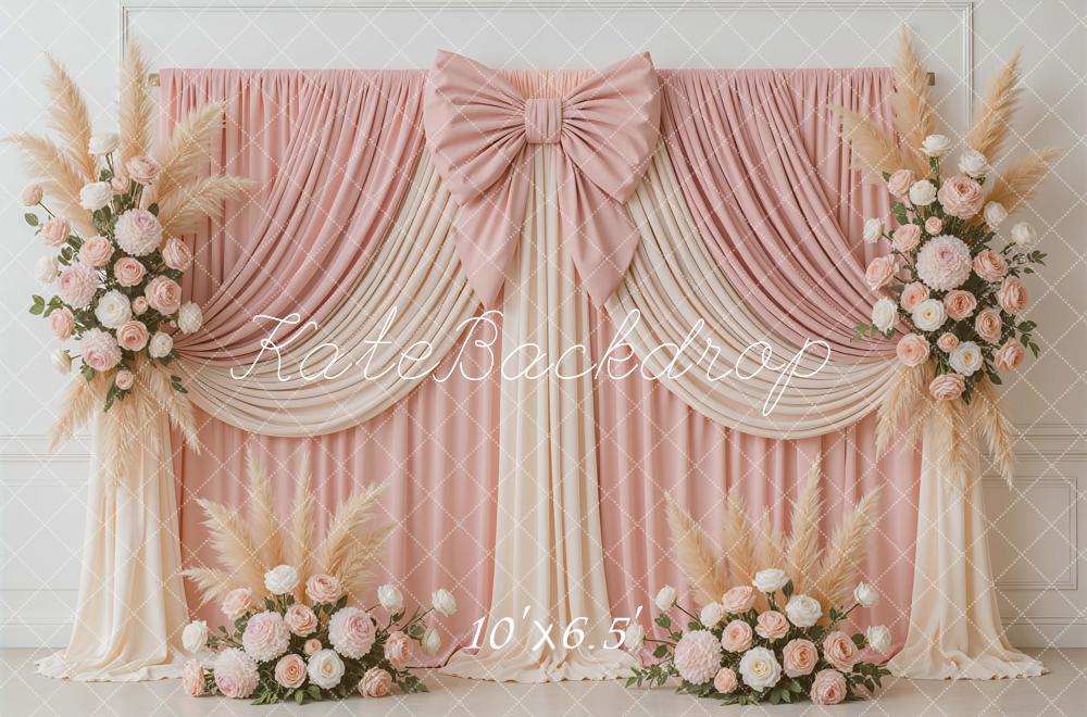 Kate Wedding Pink Drapes Bow Floral Backdrop Designed by Mini MakeBelieve -UK