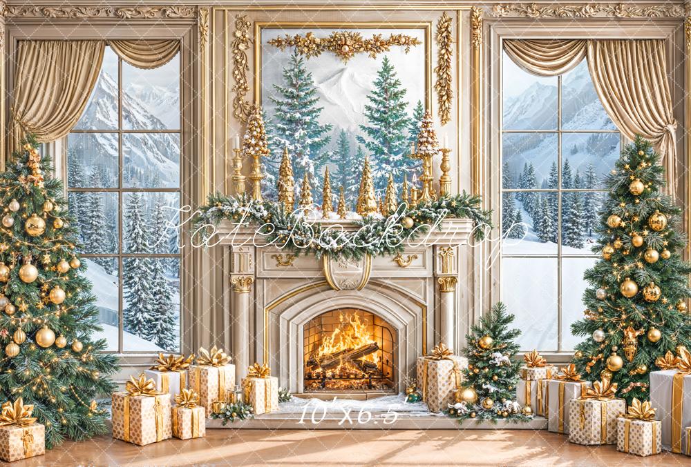 Kate Christmas Gold Fireplace Trees Fleece Backdrop Designed by Emetselch -UK