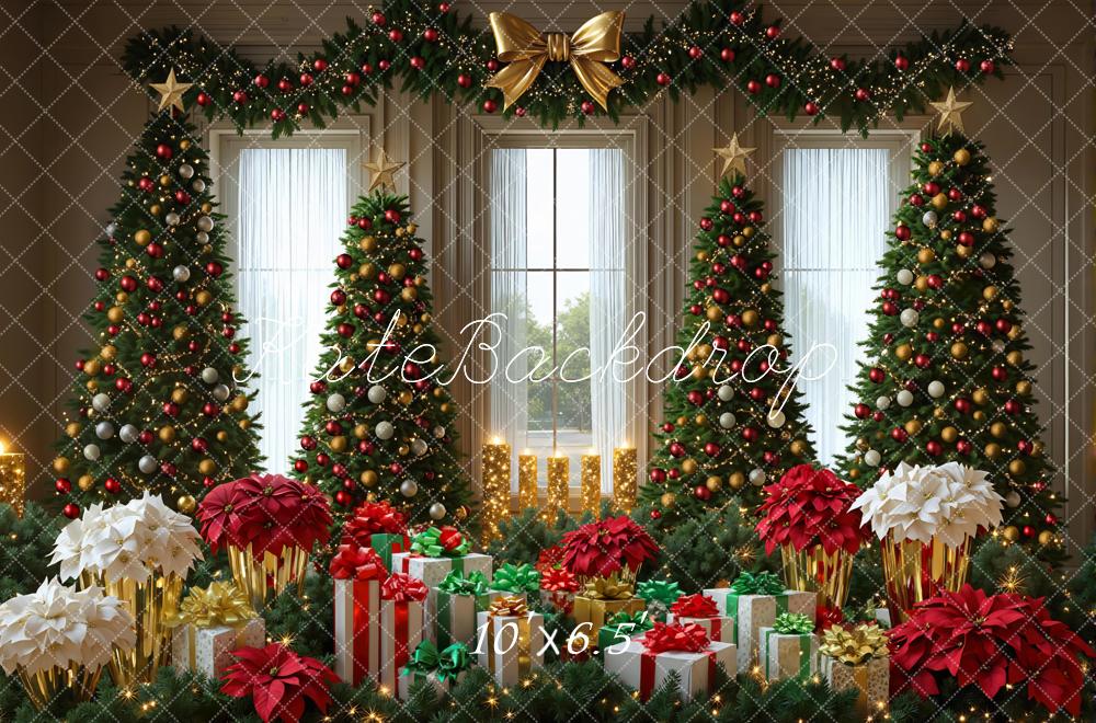 Kate Christmas Trees Presents Poinsettias Garland Backdrop Designed by Mini MakeBelieve