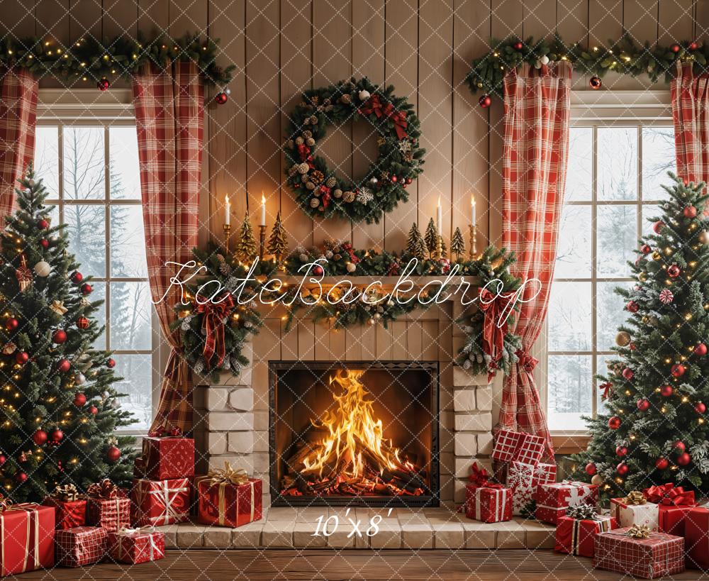 Kate Christmas Fireplace Wreath Trees Room Fleece Backdrop Designed by Emetselch