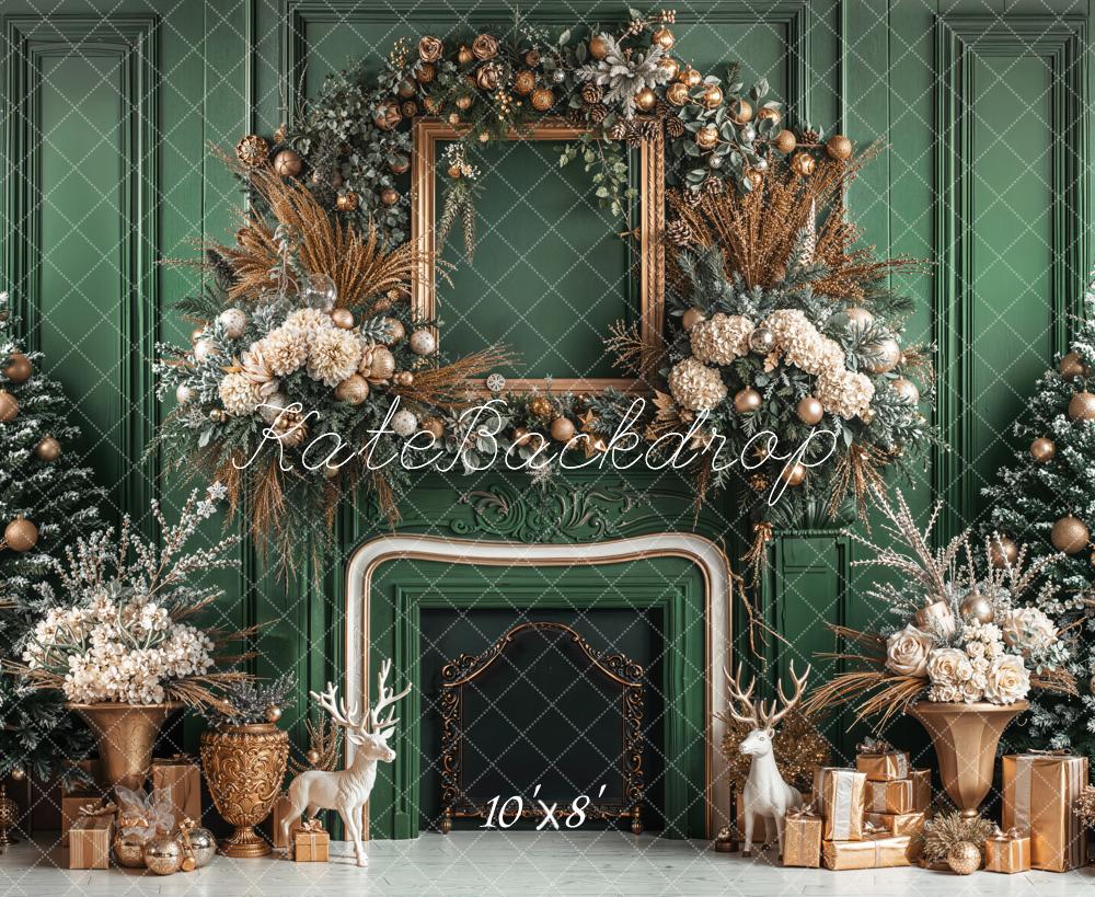 Kate Christmas Green Fireplace Fleece Backdrop Designed by Emetselch