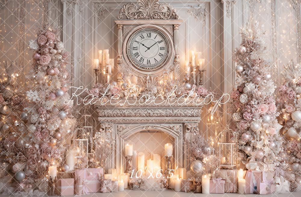Kate Christmas Clock Fireplace Pink Trees Backdrop Designed by Ashley Paul