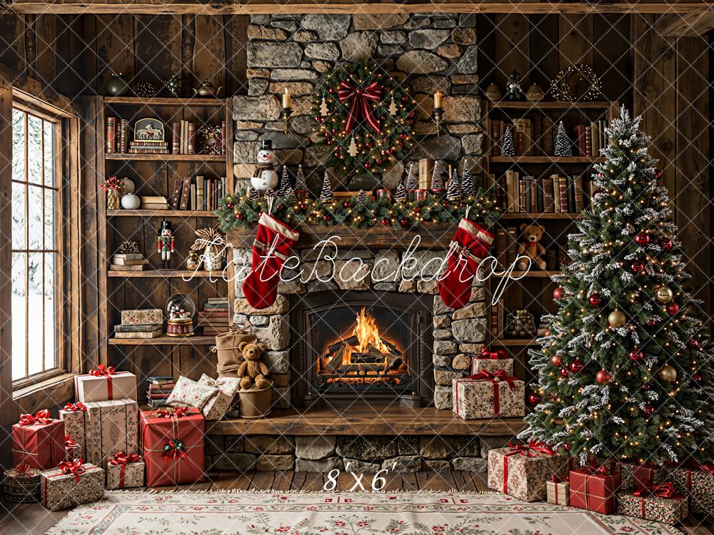 Kate Christmas Fireplace Stone Wall Tree Backdrop Designed by Emetselch