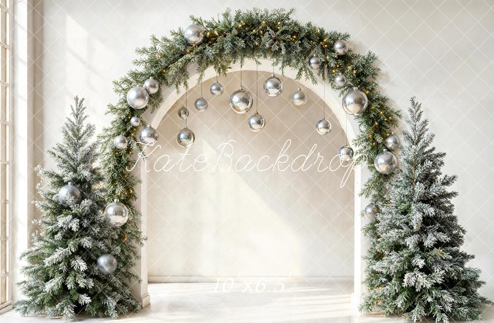 Kate Christmas Arch Silver Baubles Frosted Trees Backdrop Designed by Emetselch