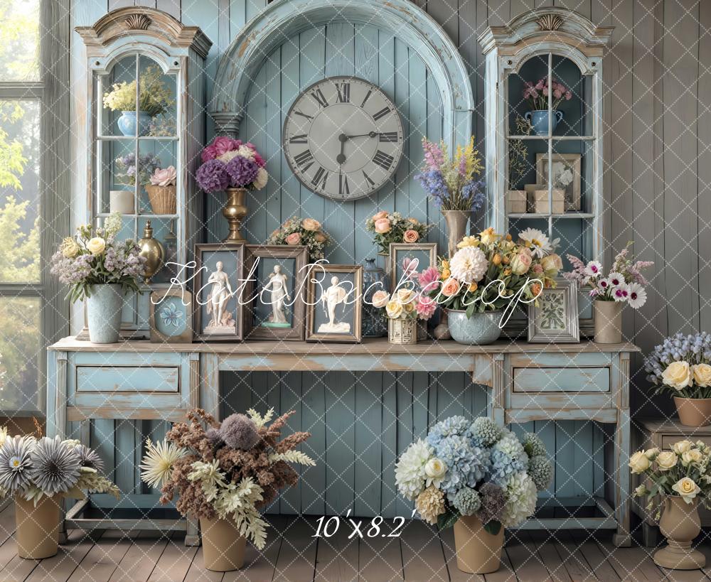 Kate Vintage Cabinet Clock Flowers Blue Backdrop Designed by Mini MakeBelieve -UK