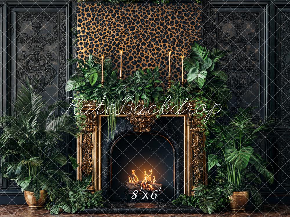Kate Leopard Fireplace Greenery Backdrop Designed by Ashley Paul