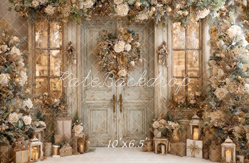 Kate Christmas Floral Garland Vintage Door Lanterns Backdrop Designed by Ashley Paul