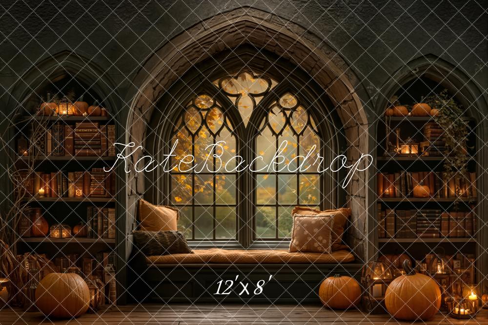 Kate Halloween Gothic Window Bookshelf Pumpkin Fleece Backdrop Designed by Emetselch -UK