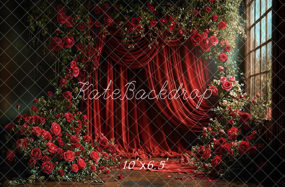 Kate Red Roses Floral Curtains Window Fleece Backdrop Designed by Emetselch -UK