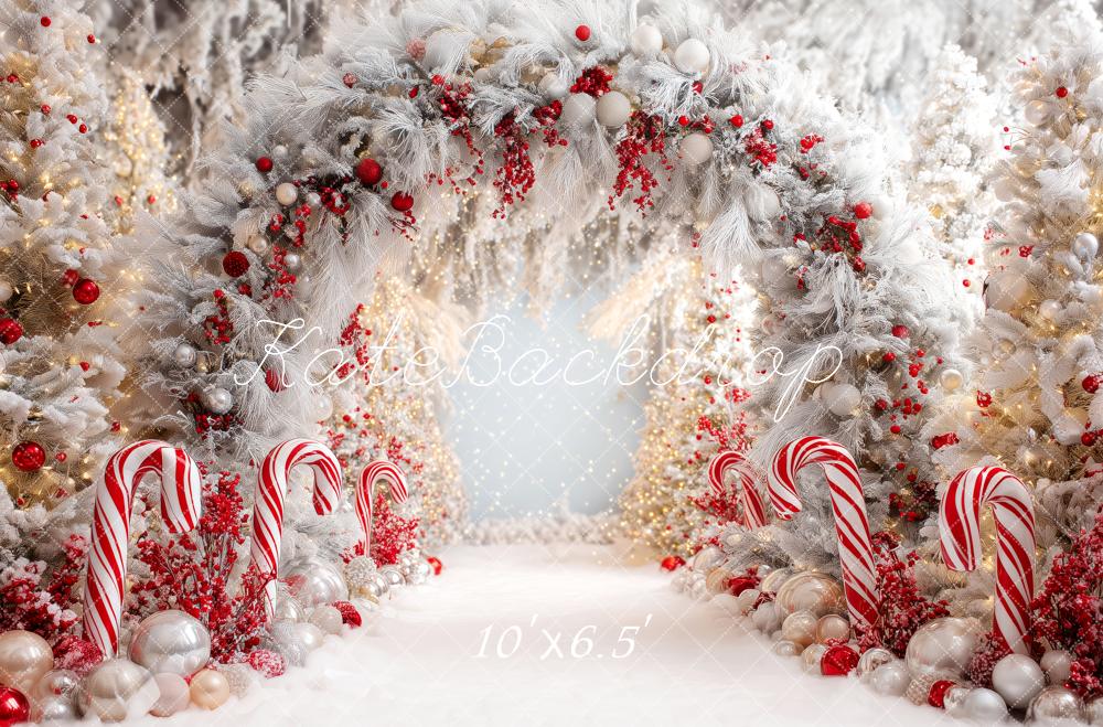 Kate Christmas Candy Cane Arch Snowy Trees Backdrop Designed by Patty Robert