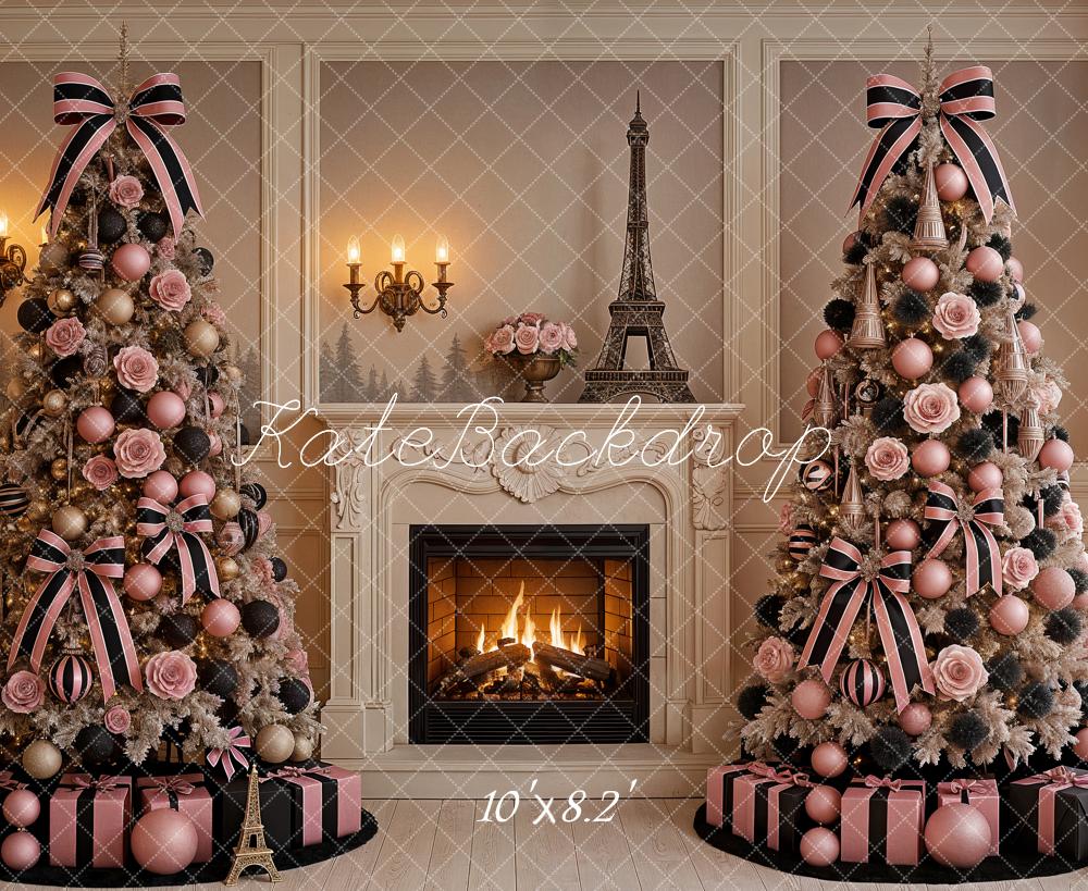Kate Christmas Trees Fireplace Parisian Decor Backdrop Designed by Ashley Paul