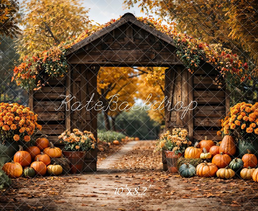 Kate Autumn Forest Pumpkin Brown Barn Door Backdrop Designed by Emetselch -UK
