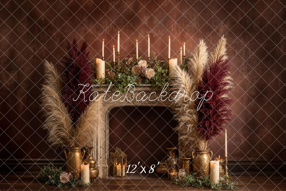Kate Vintage Fireplace Pampas Candles Burgundy Fleece Backdrop Designed by Emetselch -UK