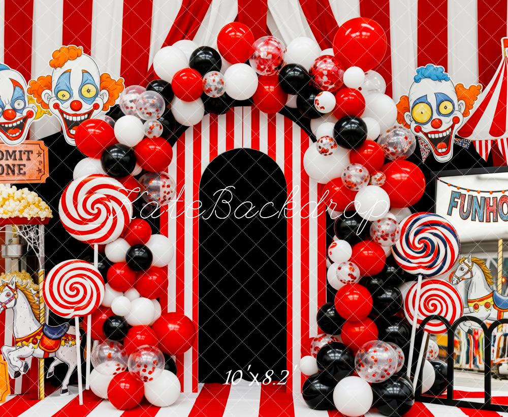 Kate Circus Clown Striped Balloons Funhouse Backdrop Designed by Patty Robert