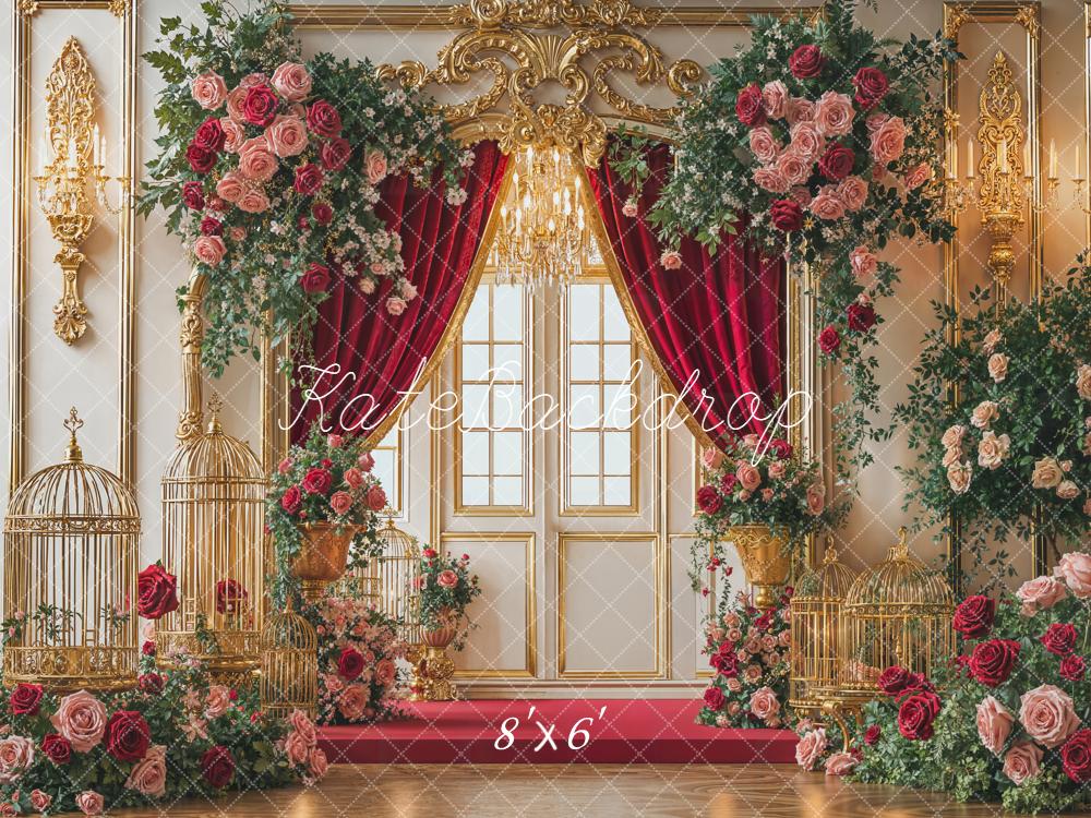 Kate Wedding Rose Gold Birdcages Red Curtain Backdrop Designed by Emetselch