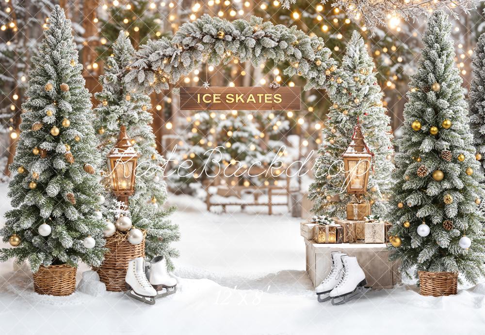 Kate Christmas Ice Skates Snowy Trees Arch Fleece Backdrop Designed by Emetselch -UK