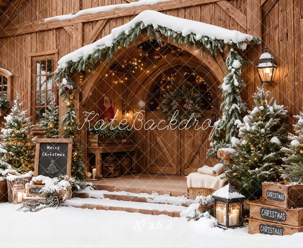Kate Christmas Wooden Porch Snowy Trees Lanterns Backdrop Designed by Emetselch -UK