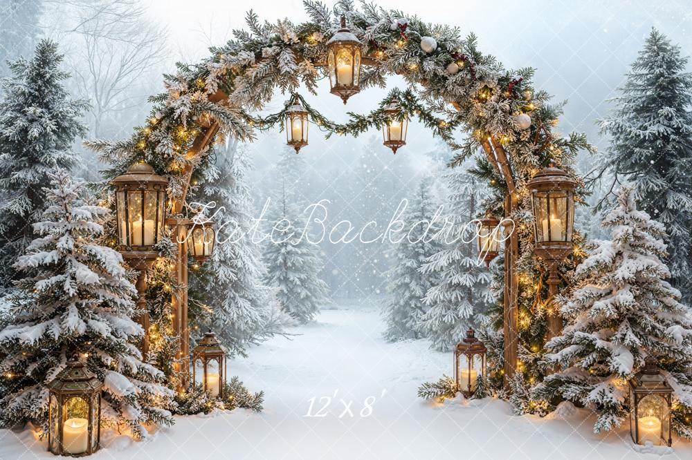 Kate Christmas Snowy Arch Lanterns Forest Fleece Backdrop Designed by Emetselch -UK