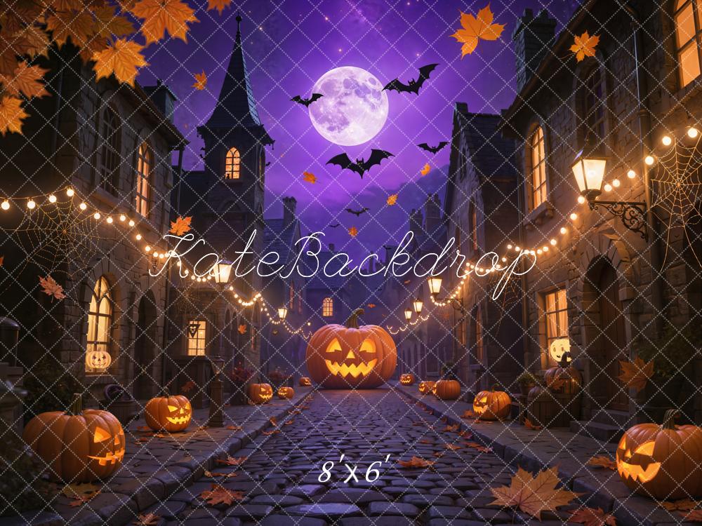 Kate Halloween Pumpkins Bats Purple Night Fleece Backdrop Designed by Emetselch -UK