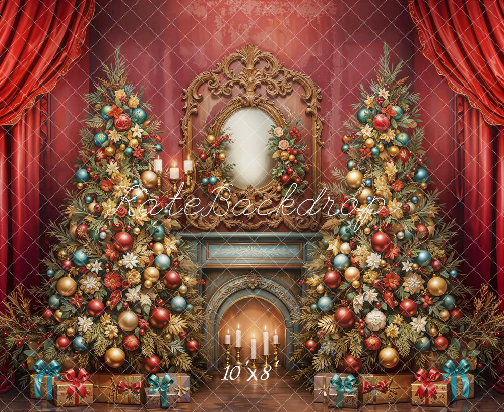 Kate Christmas Tree Fireplace Red Curtains Fleece Backdrop Designed by Emetselch
