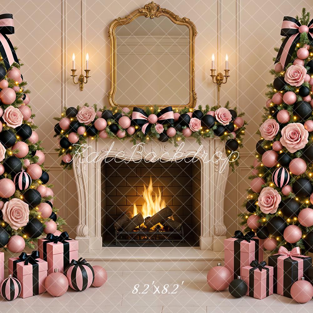 Kate Christmas Pink Black Trees Fireplace Backdrop Designed by Ashley Paul