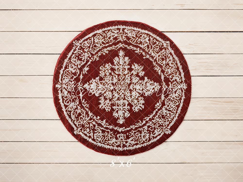 Kate Round Red Rug White Wood Planks Fleece Backdrop Designed by Emetselch -UK
