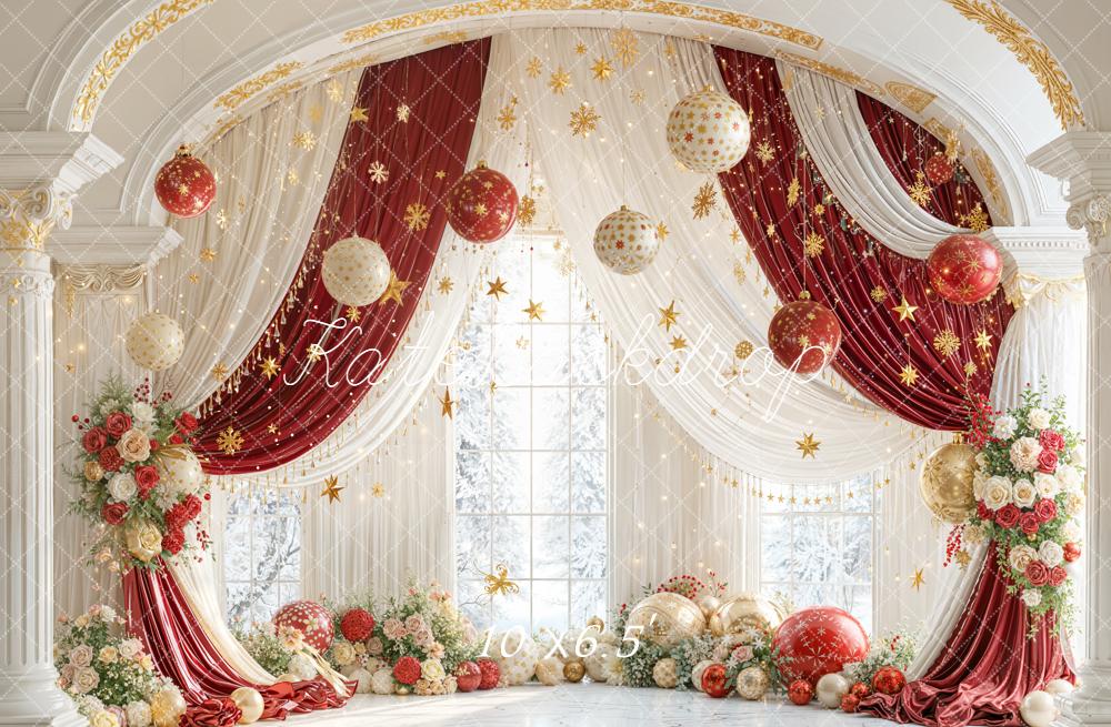 Kate Christmas Red Gold Ornaments Floral Arch Backdrop Designed by Emetselch -UK