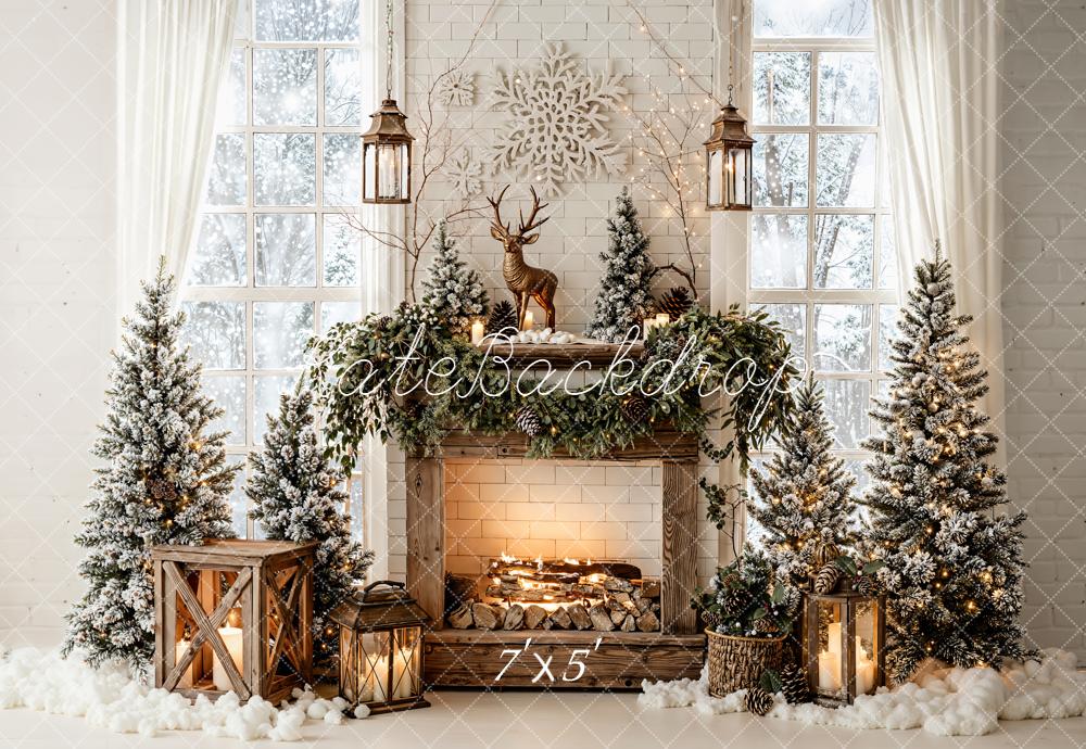 Kate Christmas Fireplace Snowflake Garland Trees Backdrop Designed by Emetselch -UK