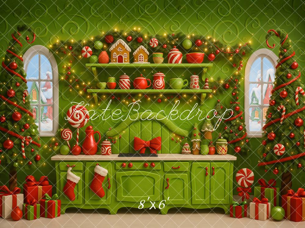 Kate Christmas Green Kitchen Gingerbread Trees Backdrop Designed by Ashley Paul
