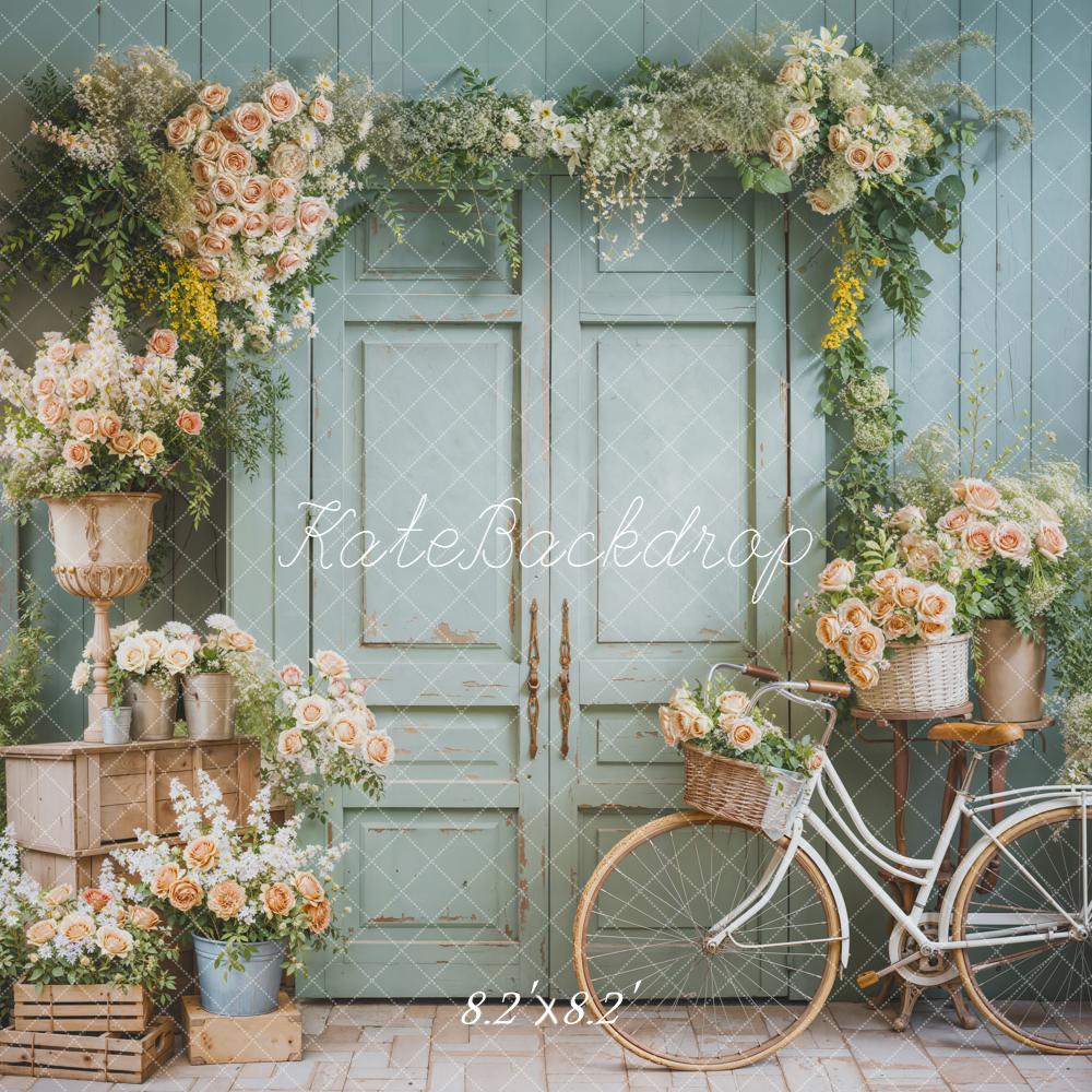 Kate Spring Floral Bicycle Pastel Green Door Backdrop Designed by Emetselch -UK