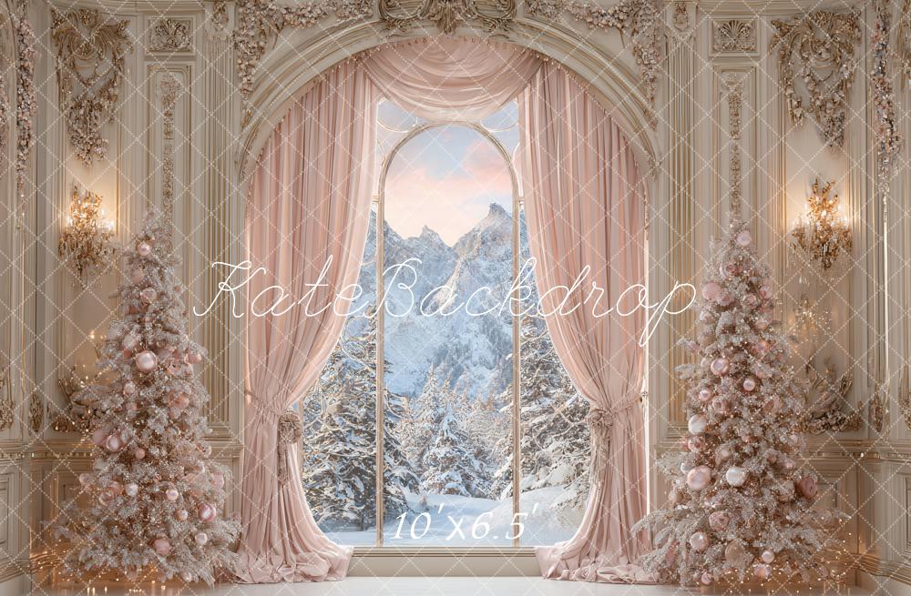 Kate Christmas Pink Trees Ornate Curtains Backdrop Designed by Ashley Paul