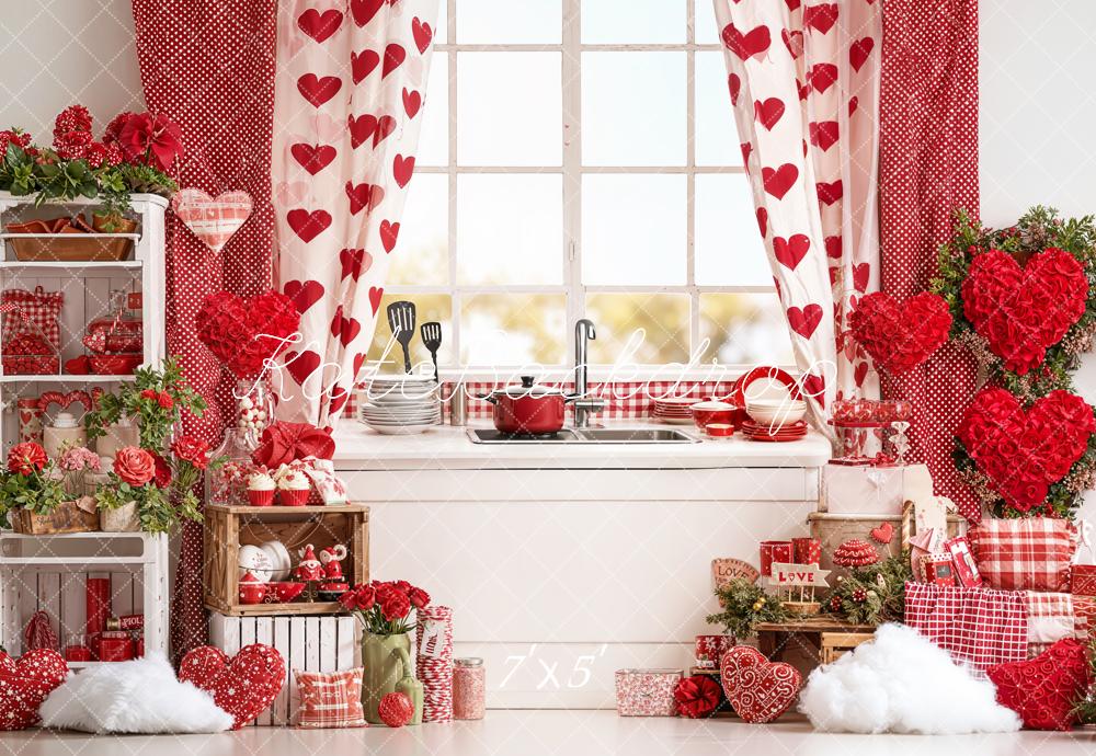 Kate Valentine Kitchen Hearts Decor Red Backdrop Designed by Emetselch -UK