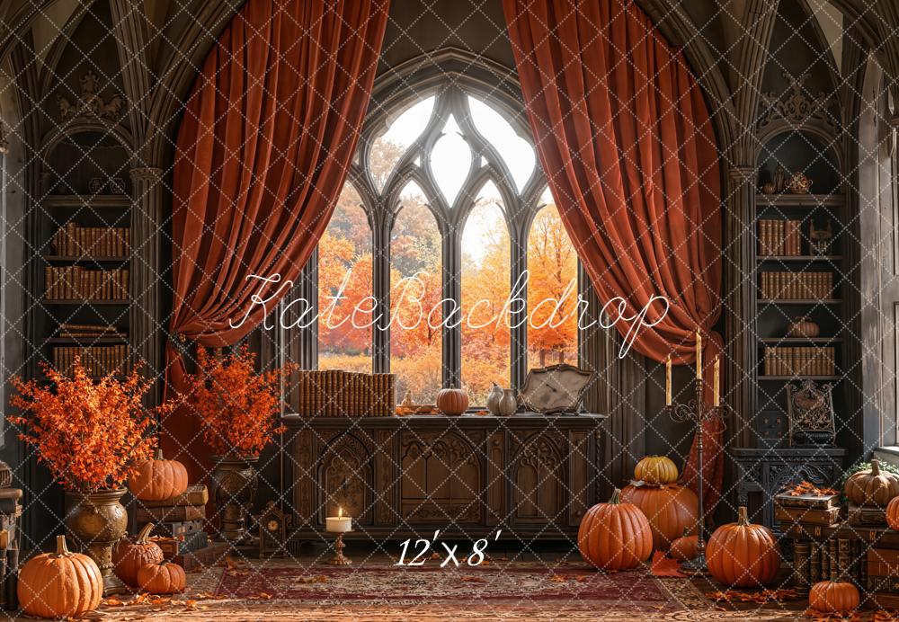 Kate Autumn Gothic Library Pumpkins Bookshelves Fleece Backdrop Designed by Emetselch -UK