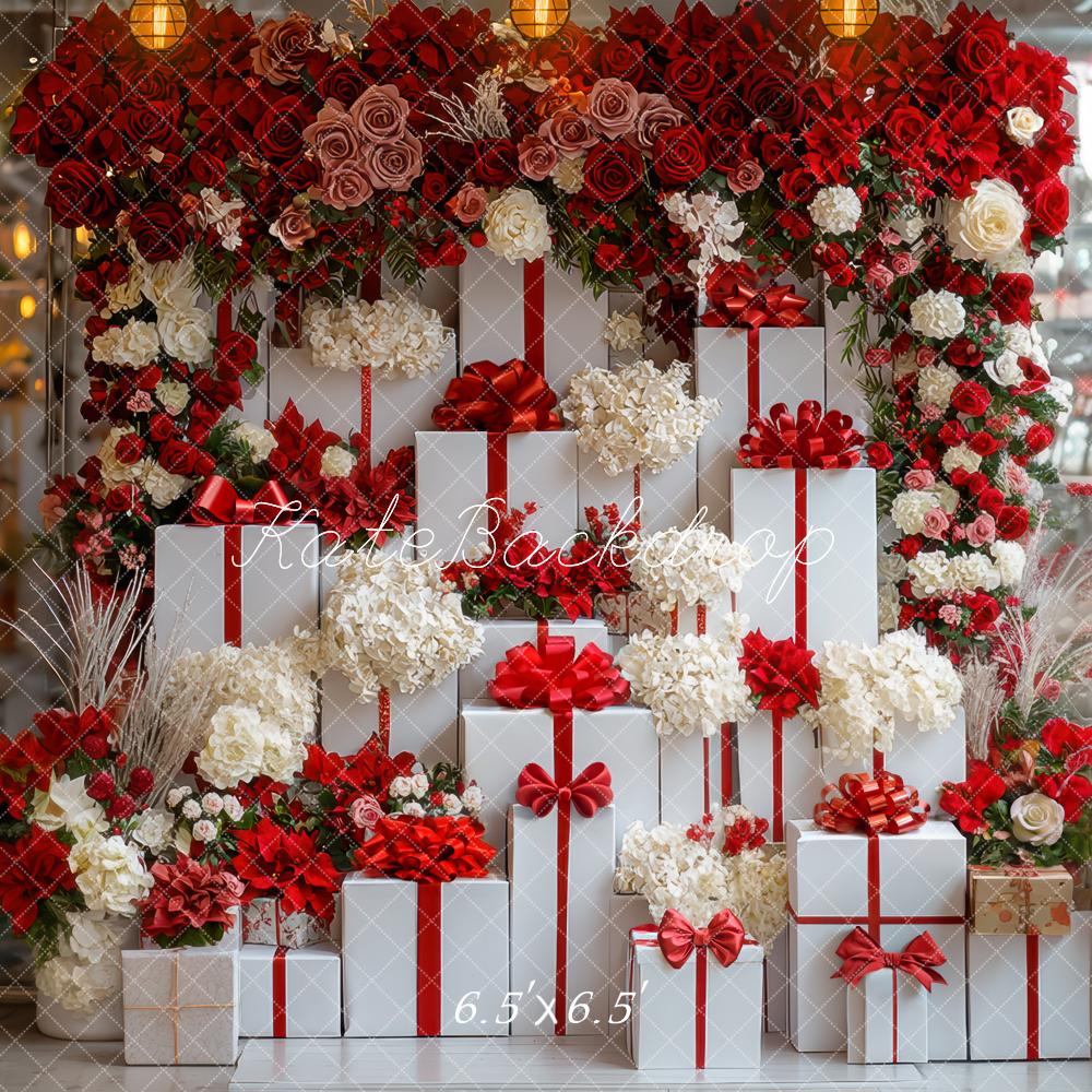 Kate Christmas Gift Boxes Red White Flowers Backdrop Designed by Mini MakeBelieve -UK