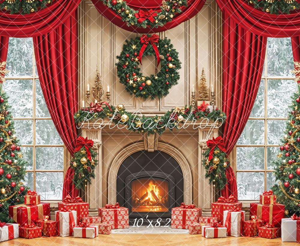 Kate Christmas Fireplace Tree Wreath Red Curtains Backdrop Designed by Emetselch