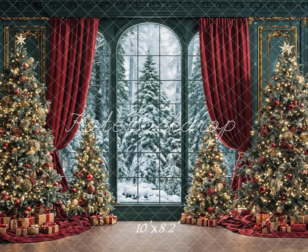 Kate Christmas Trees Window Red Curtains Backdrop Designed by Ashley Paul