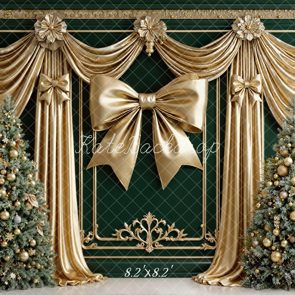 Kate Christmas Gold Drapes Bow Green Trees Backdrop Designed by Emetselch -UK