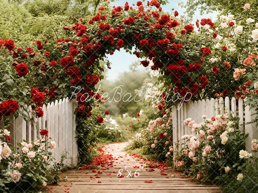 Kate Floral Arch White Fence Garden Fleece Backdrop Designed by Emetselch