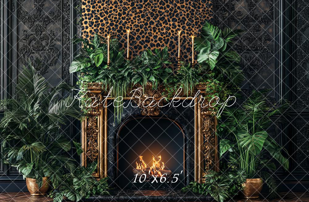 Kate Leopard Fireplace Greenery Backdrop Designed by Ashley Paul