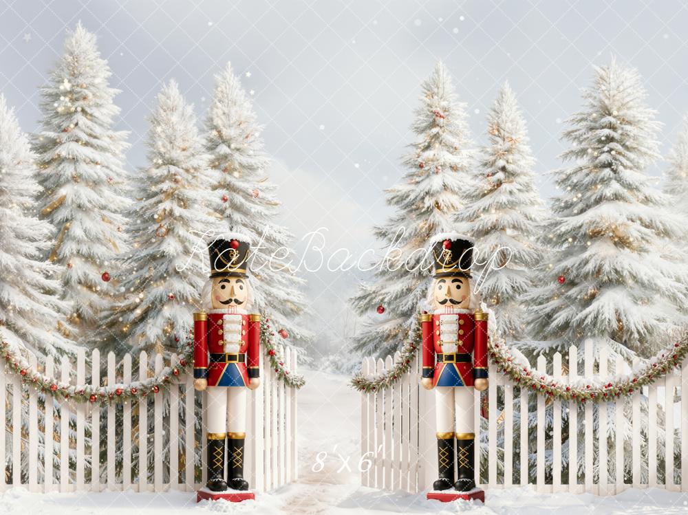 Kate Christmas Nutcracker Snowy Trees Fence Backdrop Designed by Emetselch