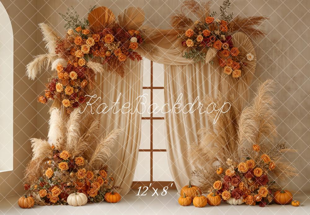 Kate Autumn Floral Arch Pumpkins Window Fleece Backdrop Designed by Emetselch -UK