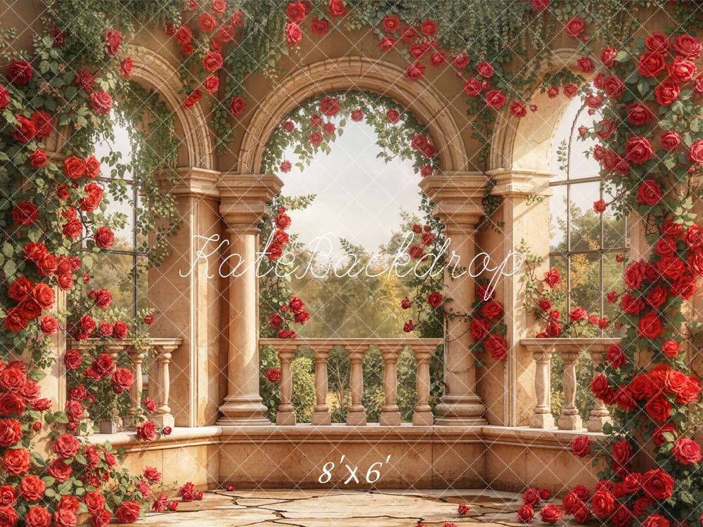 Kate Red Roses Stone Balcony Arches Backdrop Designed by Emetselch -UK