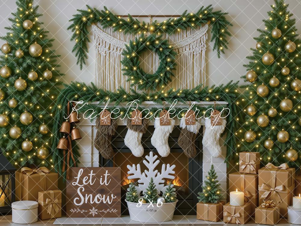 Kate Christmas Fireplace Garland Gold Ornaments Backdrop Designed by Mini MakeBelieve