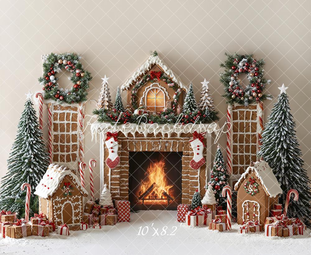 Kate Christmas Gingerbread Fireplace Wreath Trees Backdrop Designed by Emetselch