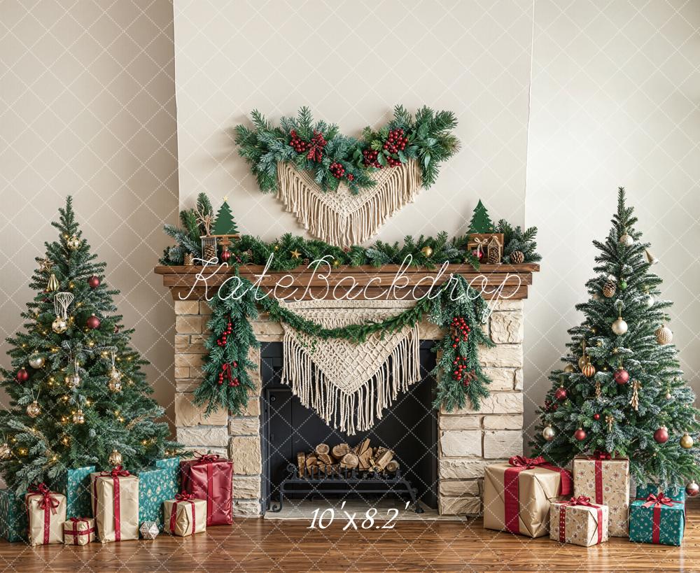 Kate Christmas Fireplace Garland Trees Presents Fleece Backdrop Designed by Emetselch -UK