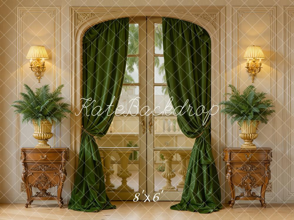 Kate Vintage French Window Green Curtains Plants Backdrop Designed by Emetselch