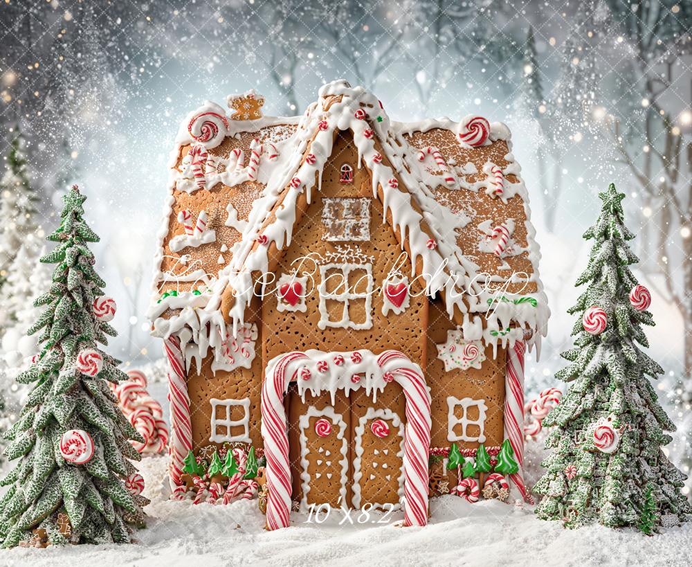 Kate Christmas Gingerbread House Candy Trees Snowy Backdrop Designed by Chain Photography -UK